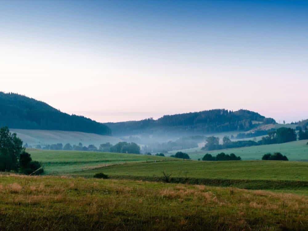Shenandoah Valley farmland east of Stuarts Draft at golden hour