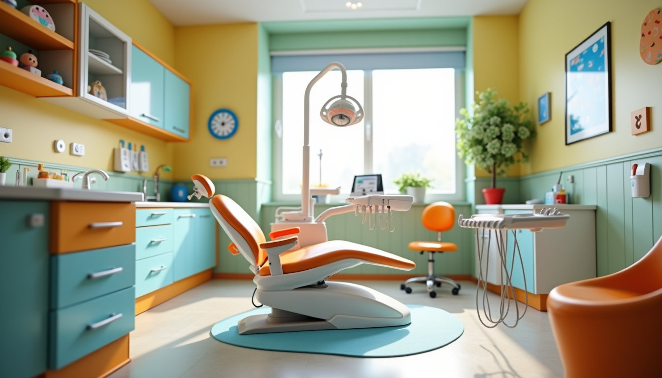 Eye-level view of a colorful pediatric dental office with child-friendly decorations