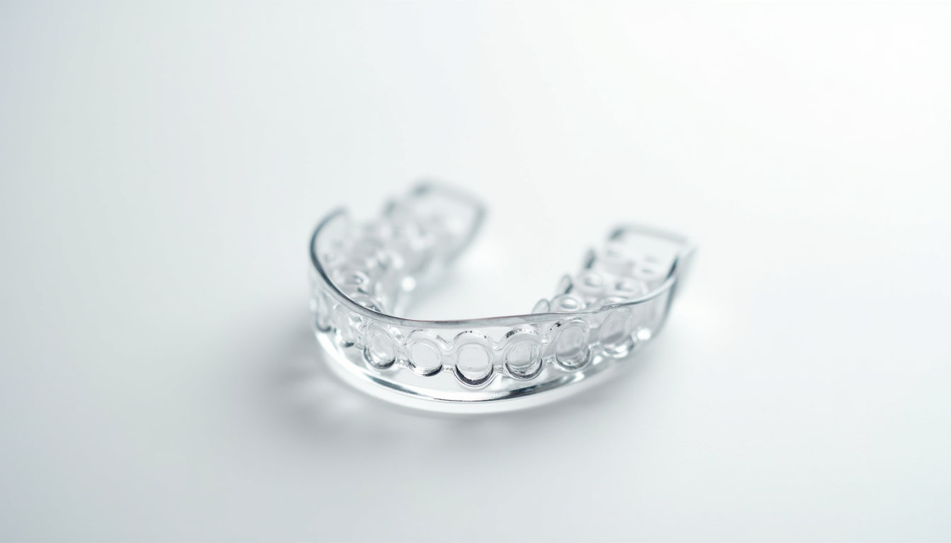 Close-up view of a clear Invisalign aligner on a white surface